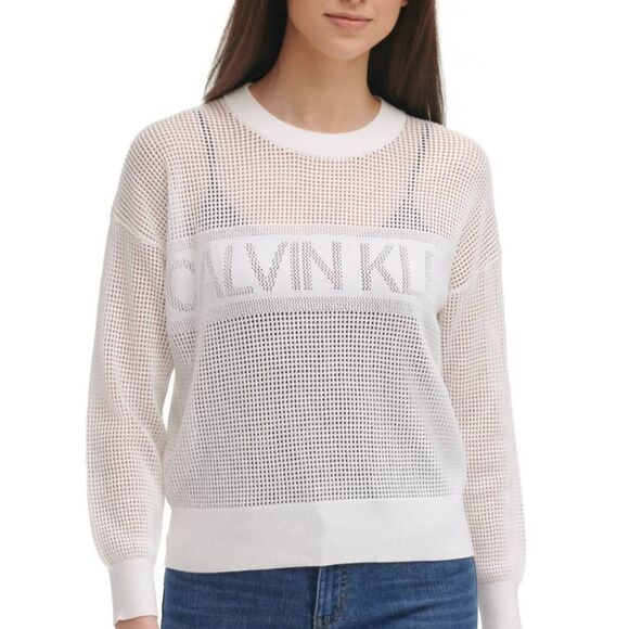 CALVIN‎ KLEIN Ribbed Mesh Logo Graphic Long Sleeve Crew Neck Top | Size M - Picture 1 of 5